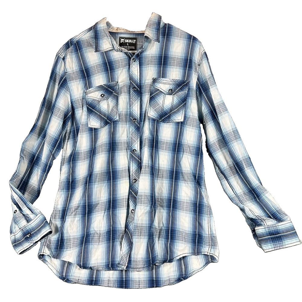 Scully Mens Large Western Snap Button Shirt Blue Plaid Long Sleeve Rodeo Cotton